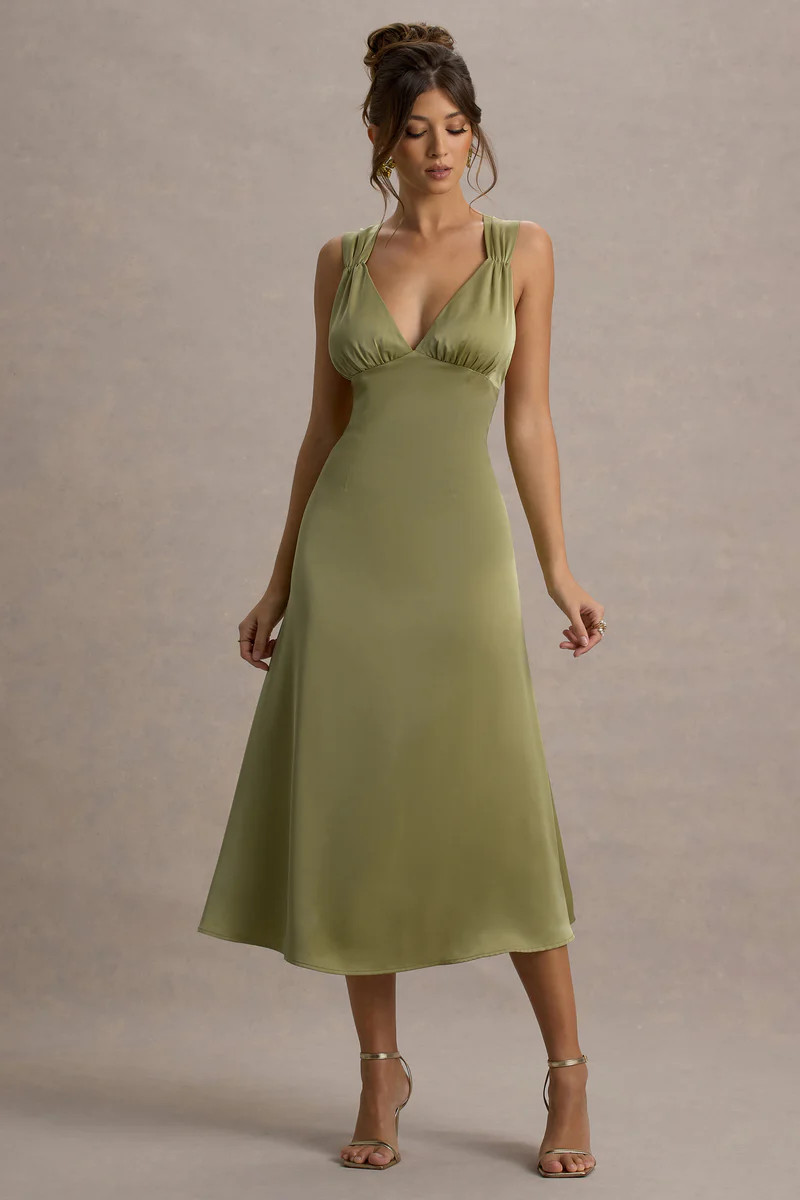 Beck | Light Green Satin Plunge-Neck Cross-Back Midi Dress | Club L London