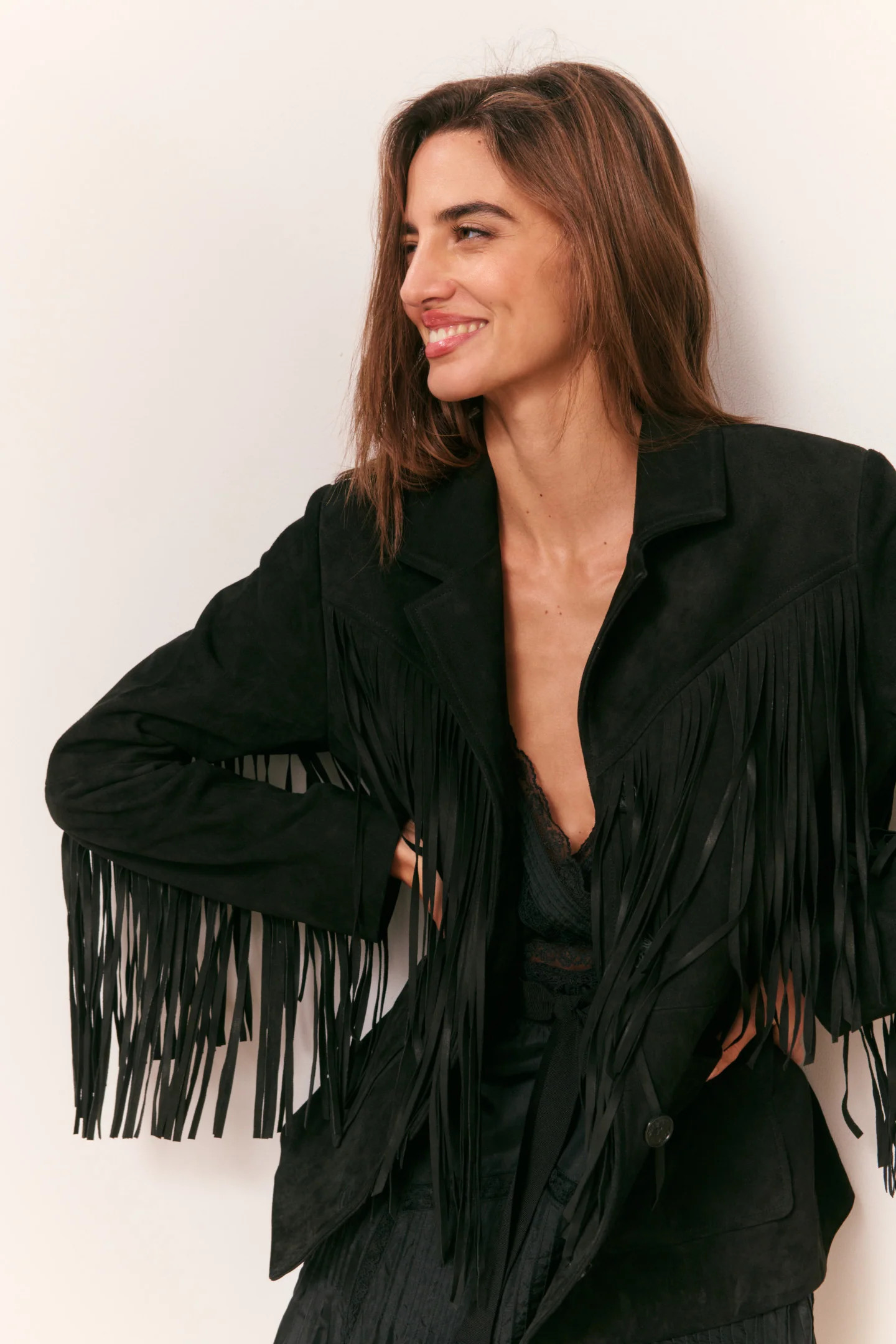 Geraline Black Suede Fringe Jacket | LoveShackFancy