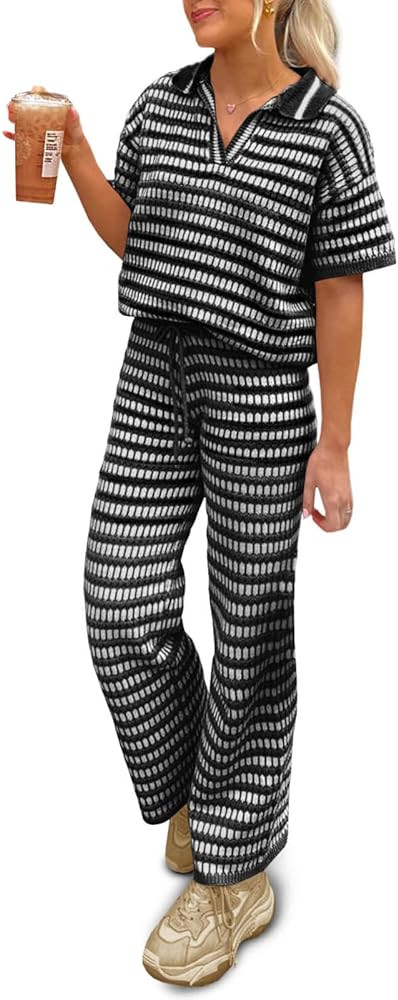 Imily Bela Womens 2 Piece Outfits Striped Short Sleeve Sweater Tops Knit Sets Wide Leg Pants Loun... | Amazon (US)