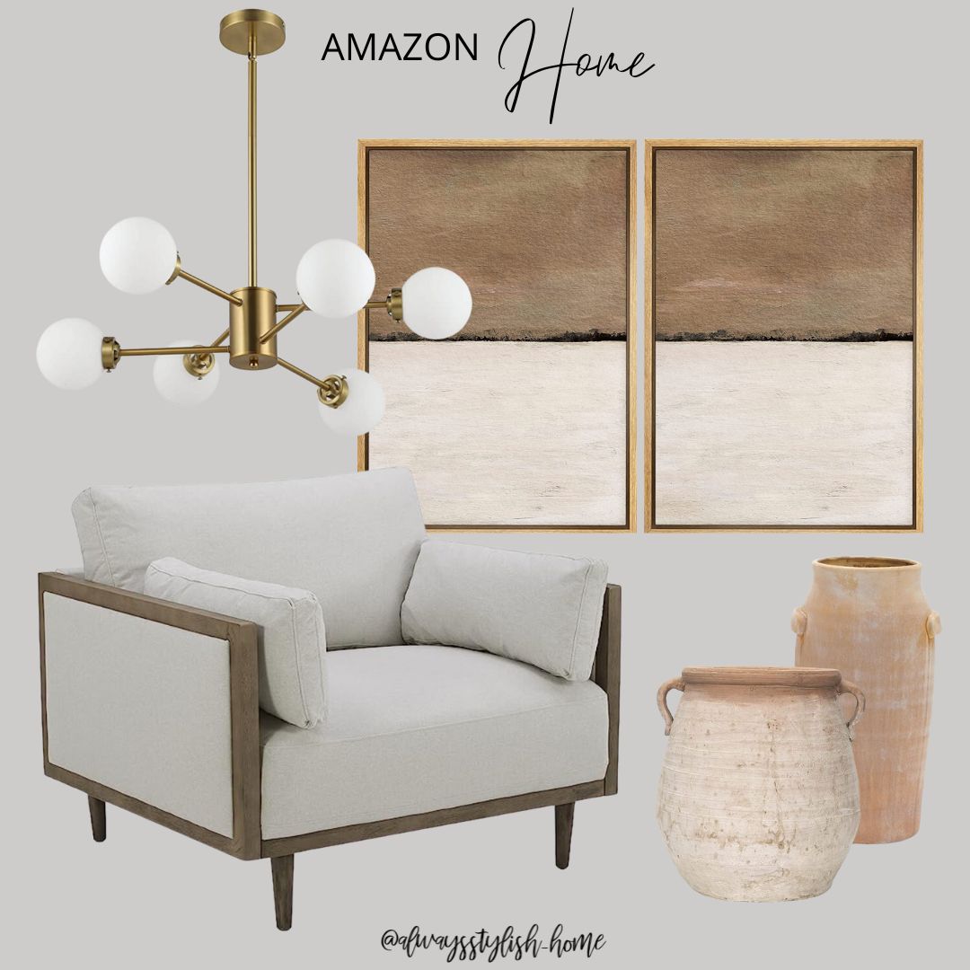 Living room inspo, modern wall art, cream accent chair, modern gold chandelier, terracotta vase u... | Amazon (US)