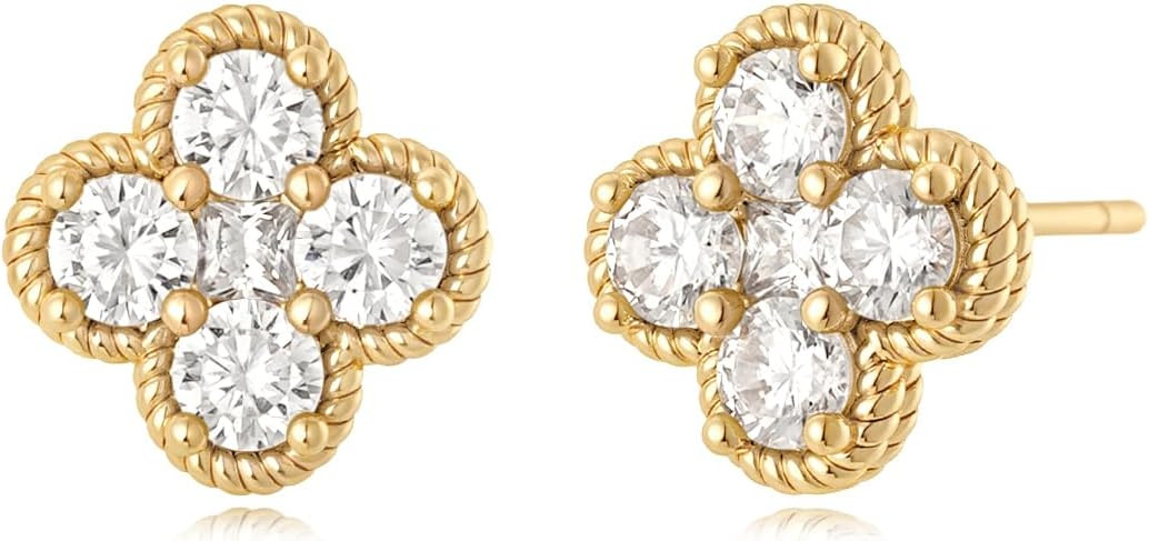 MYEARS Stud Earrings for Women Gold Flower Four-leaf-clover 12 Month Birthstone 14K Small Simple ... | Amazon (US)