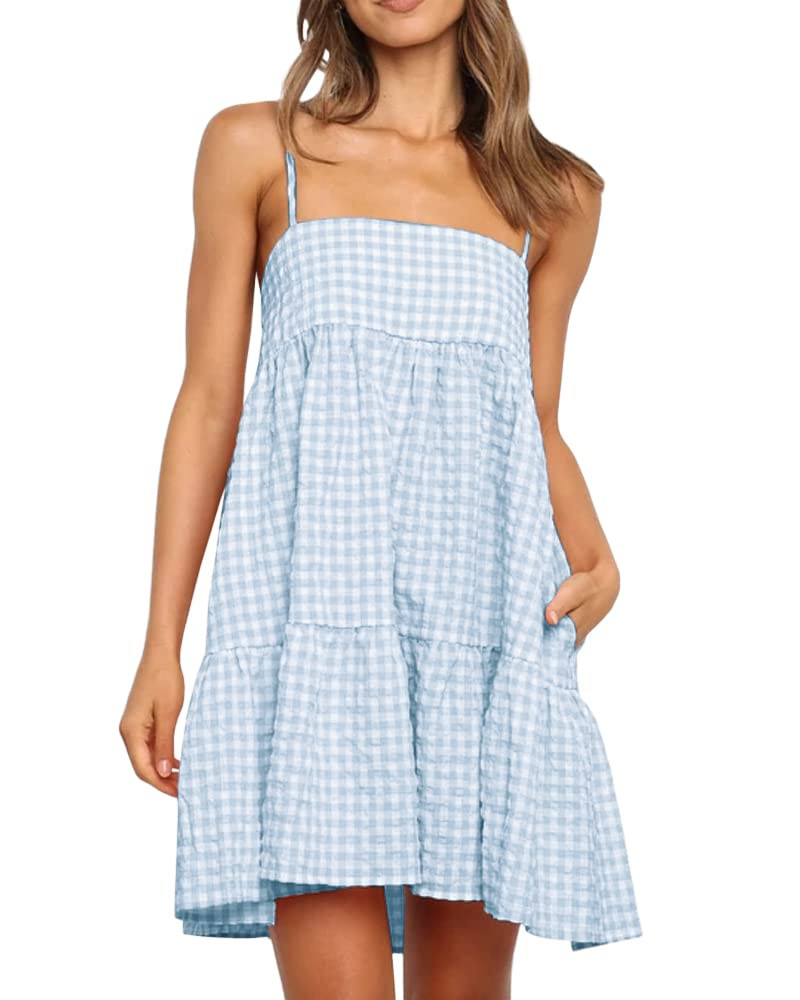 Womens Plaid A-line Dresses Shoulder Straps Ruffle Hem Casual Mini Dress with Side Pocket | Amazon (US)