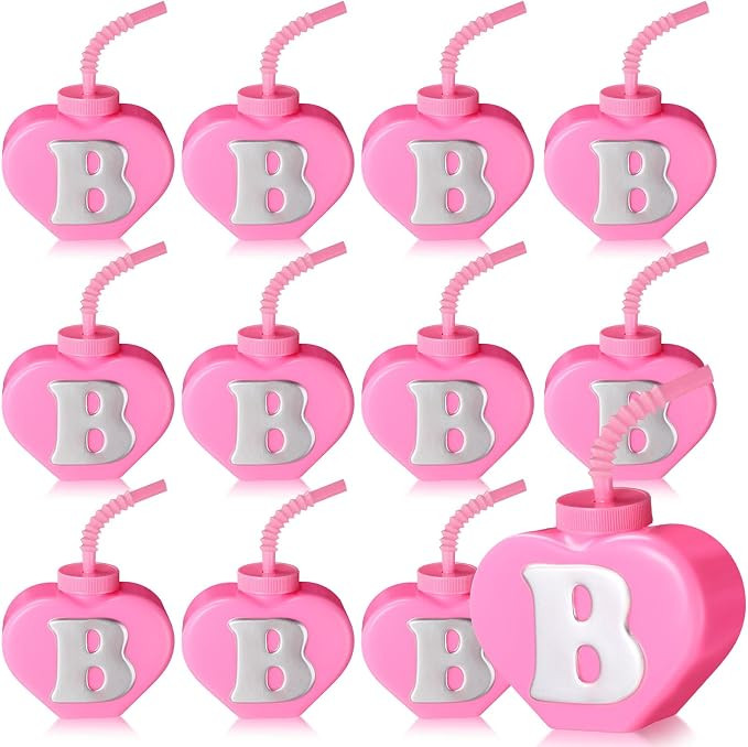 Maxcheck 12 Pcs Pink Heart Shaped Letter B Cups with Straws and Lids 11 Oz Plastic Heart Drink Cu... | Amazon (US)