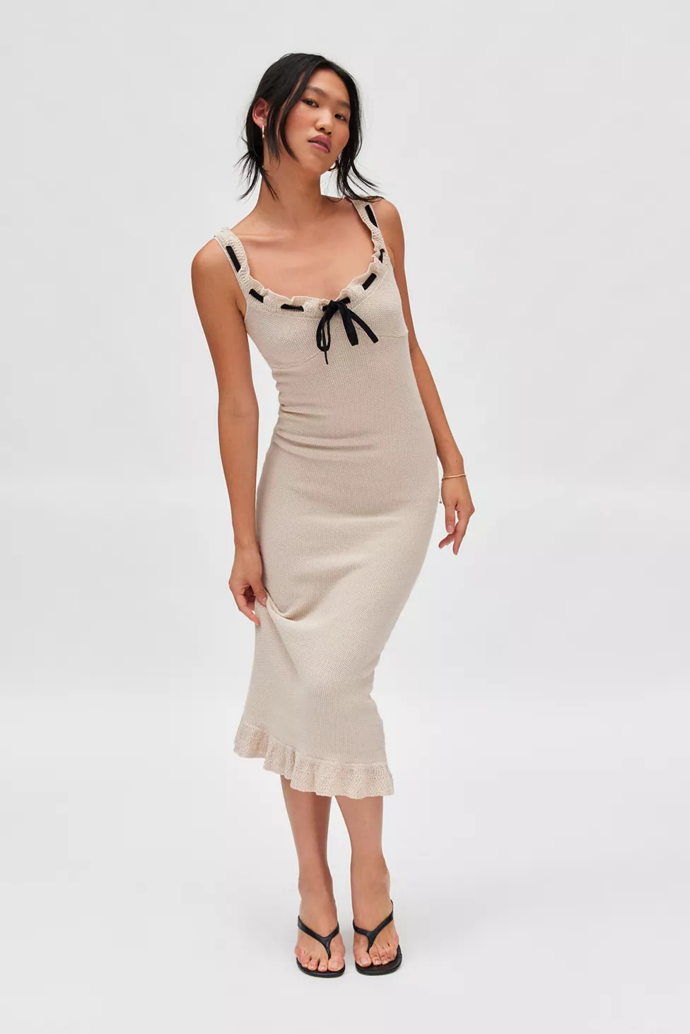 Another Girl Clara Ruffle V-Neck Midi Sweater Dress | Urban Outfitters (US and RoW)