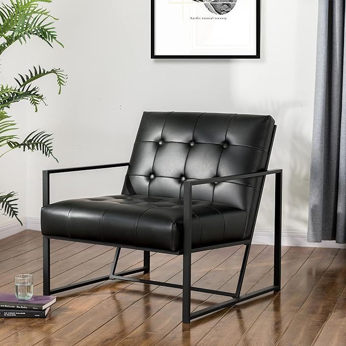 Glitzhome Mid Century Black Accent Armchair, Single Reading Armchair PU Leather Tufted Chair with... | Amazon (US)