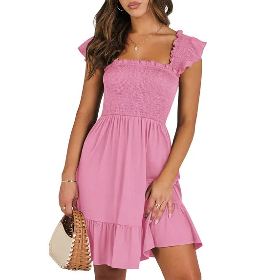 UVN Summer Dresses for Women Casual Sleeveless Square Neck Midi Dress Ruffle Backless Swing Flowy... | Walmart (US)