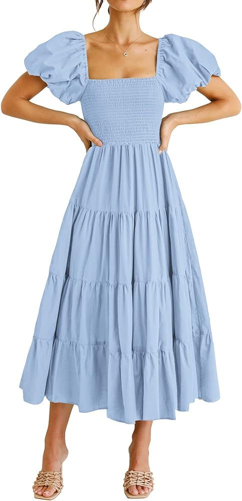 PRETTYGARDEN Womens Summer Puffy Short Sleeve Square Neck Smocked Tiered Ruffle Midi Dress | Amazon (US)