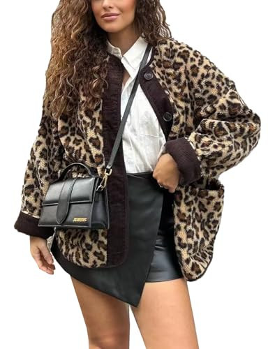 utcoco Womens Leopard Fuzzy Fleece Jacket Crew Neck Button Down Sherpa Coats Winter Warm Outwear with Pockets (Medium, Leopard) | Amazon (US)