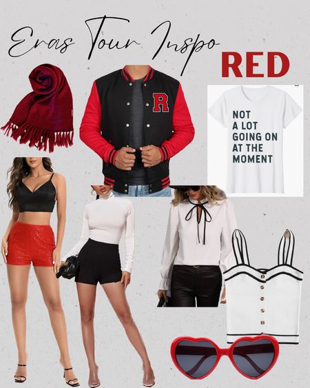 Outfit inspiration for Taylor Swift’s Eras tour! These looks are in line with her Red era; some iconic music video nods like the 22 t shirt, heart sunglasses, and All too well scarf. Also, high waisted shorts, varsity jacket, white and black tops. 

#LTKunder100 #LTKSeasonal #LTKFestival