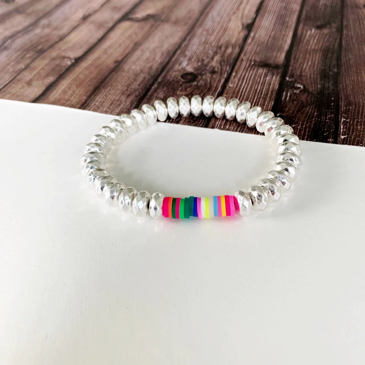 Boutique Bracelet Collection :: Kilty Silver Ball Bead Bracelet with Neon Disc Accents | Baubles & Bits