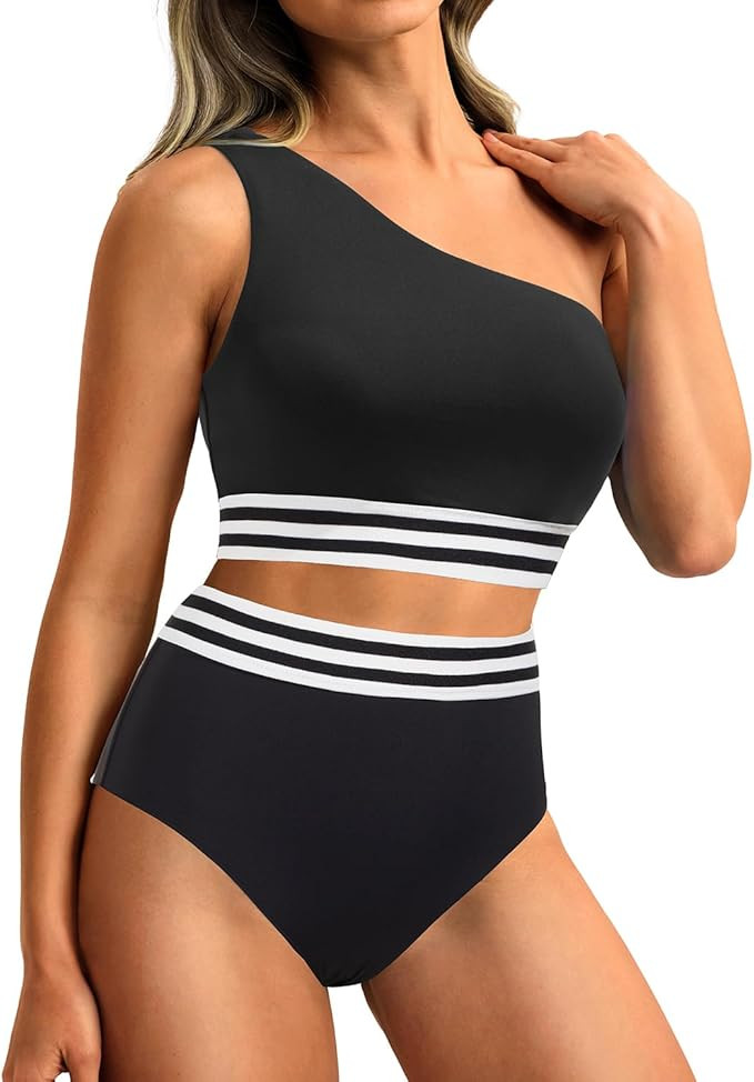 Holipick Women One Shoulder High Waisted Bikini Sets Two Piece Swimsuit Tummy Control Bathing Sui... | Amazon (US)