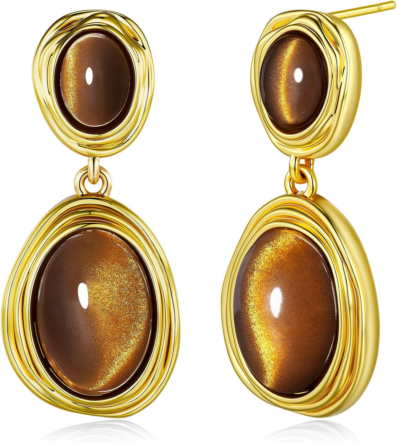 SNGIA 18K Gold Plated Tiger Eye Drop Earrings for Women, Brown Oval Stone Dangle Earrings, Vintage Boho Statement Earrings, Elegant Lightweight Gold Framed Gemstone Jewelry Gifts | Amazon (US)