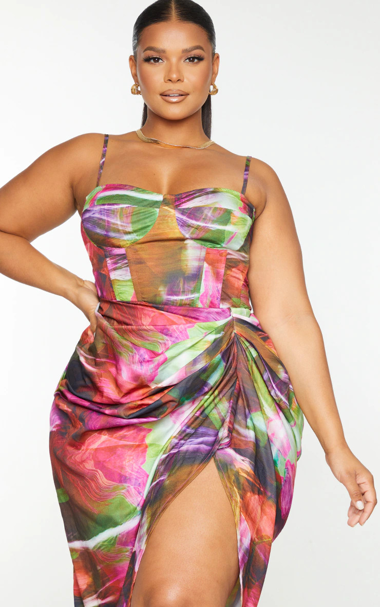 Plus Lime Textured Print Structured Corset Top | PrettyLittleThing US