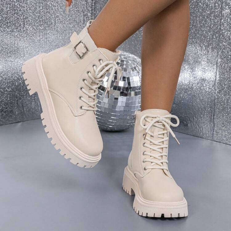 Women's Mid-Calf Boots With Warm Lining For Autumn/Winter, New Arrivals, Solid Color Patchwork Design, 4cm Chunky Heel, Flat Sole, Front Lace-Up+Side Zipper+Side Decorative Buckle, Fashion Boots | SHEIN