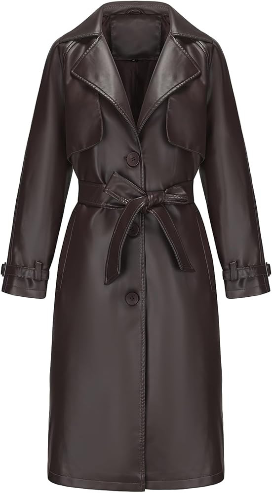 ebossy Women's Faux Leather Long PU Jacket Button Down Windproof Oversized Trench Coat with Belt | Amazon (US)