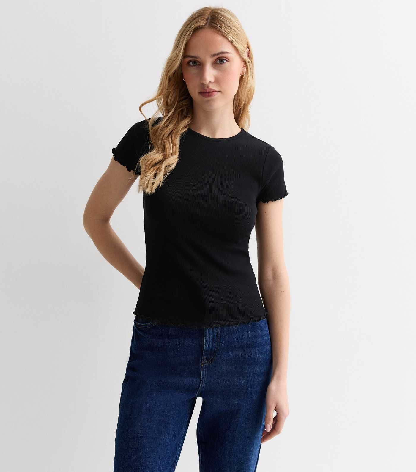 Black Ribbed Frill Hem T-Shirt | New Look | New Look (UK)