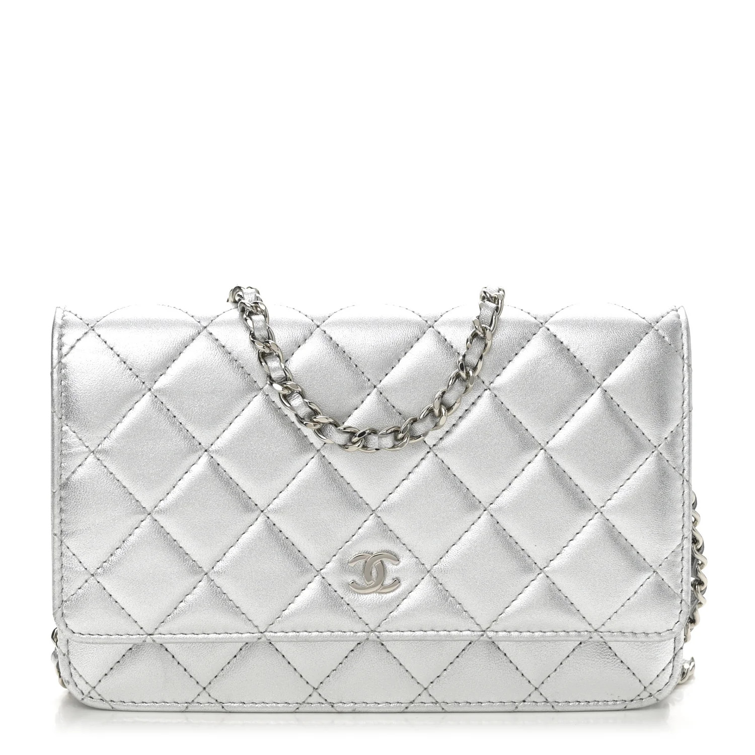Chanel Metallic Lambskin Quilted Wallet On Chain WOC Silver 1740614 | FASHIONPHILE (US)