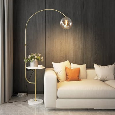 Modern Arc Floor Lamp with Shelf & Wireless Charger & USB Charging Port | Homary | Homary