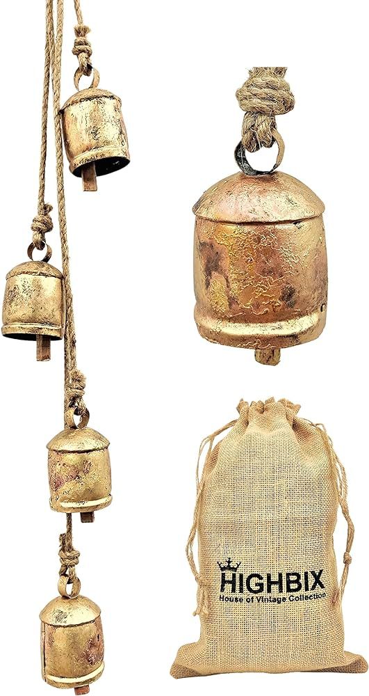 HIGHBIX Harmony 4 Cow Bells Cluster on Rope Large Rustic Vintage Lucky Cow Bells On Rope Wall Han... | Amazon (US)