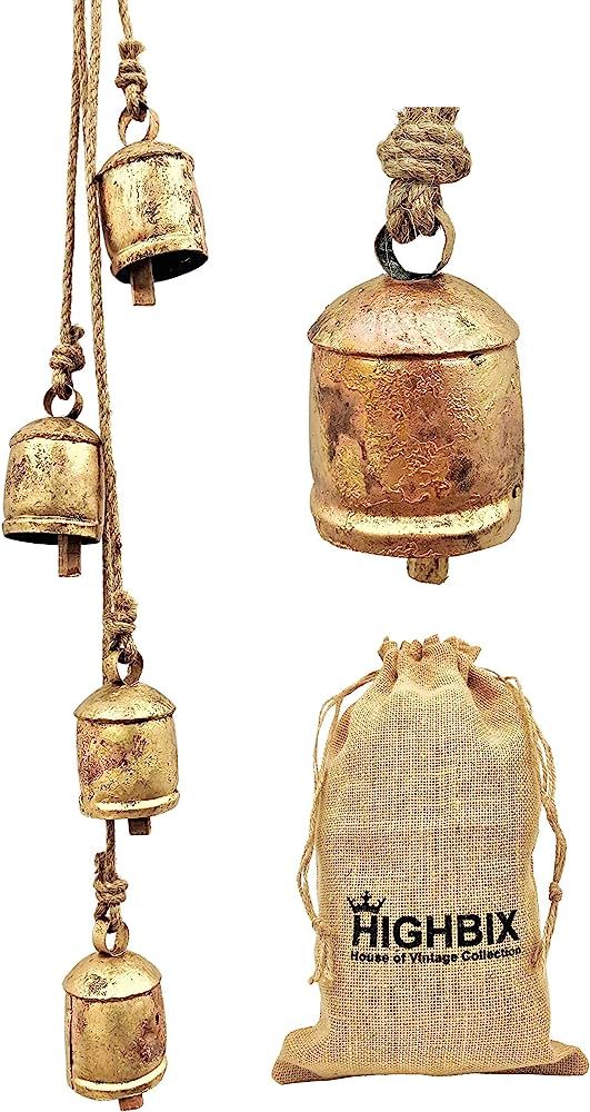 HIGHBIX Harmony 4 Cow Bells Cluster on Rope Large Rustic Vintage Lucky Cow Bells On Rope Wall Hangin | Amazon (US)