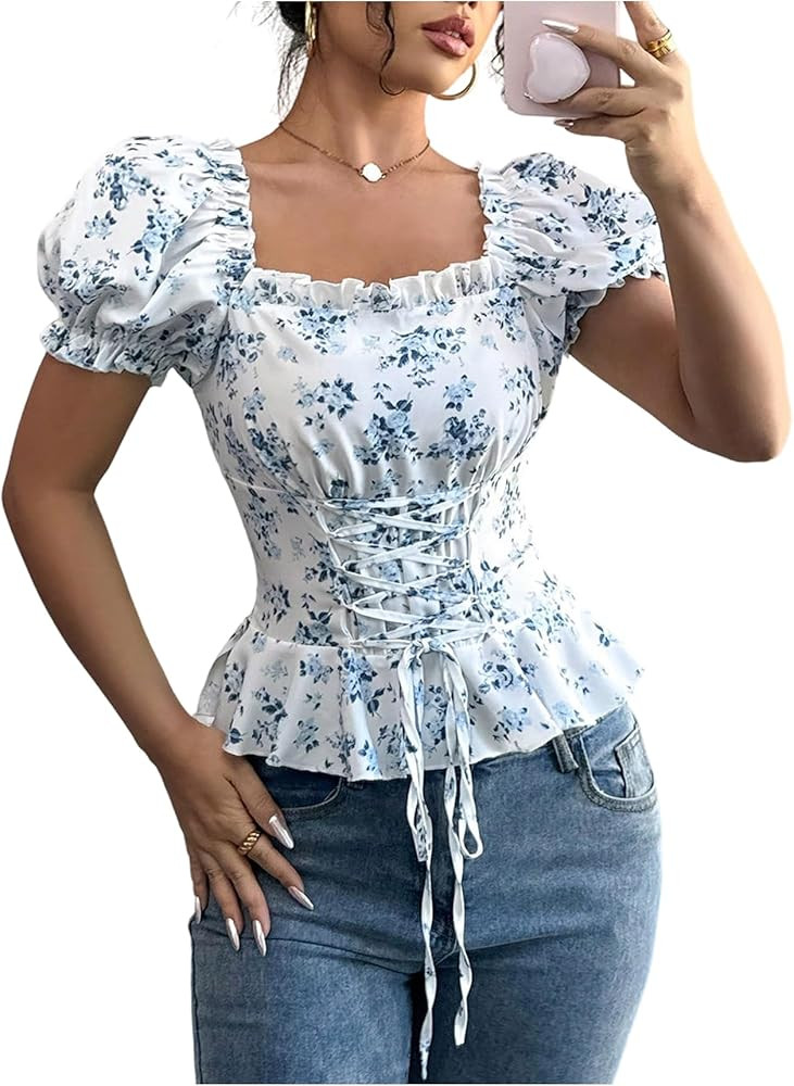 Floerns Women's Short Puff Sleeve Summer Peplum Tops Dressy Casual Lace Up Cute Blouse Tops | Amazon (US)