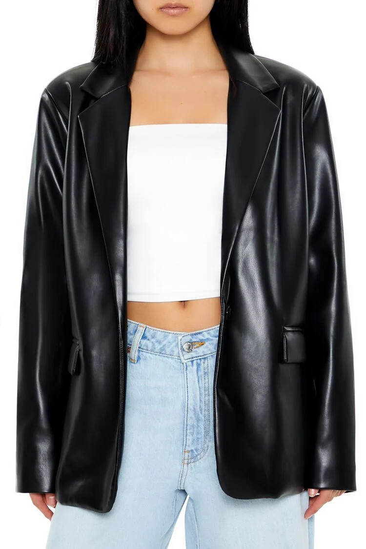 Women's Notched Faux Leather Blazer in Black Medium | Forever 21