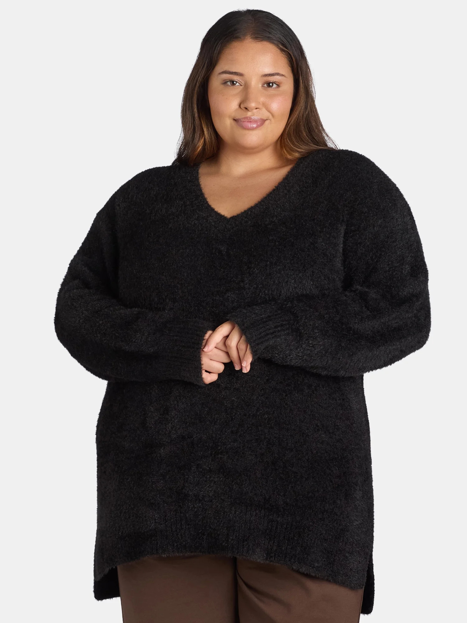 Terra & Sky Women's Plus Fuzzy V-Neck Sweater, Sizes 0X-4X | Walmart (US)