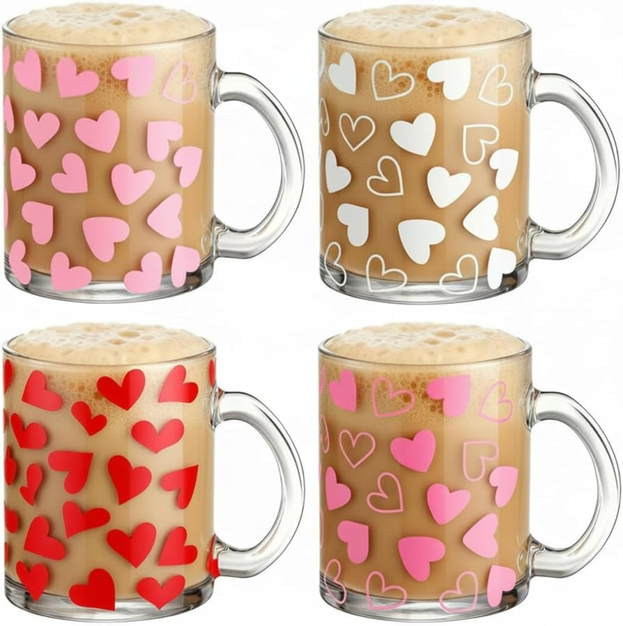 Tioncy 4 Pcs Valentines Heart Coffee Mugs 12 oz Heart Glass Cups with Handle Valentines Pink Red ... | Amazon (US)