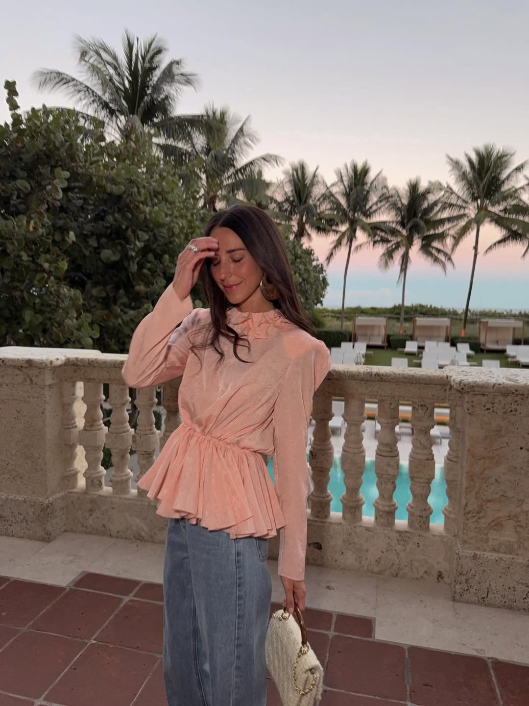 Outfit of the night! Obsessed with this pink blouse. My shoes are Rene Caovilla!