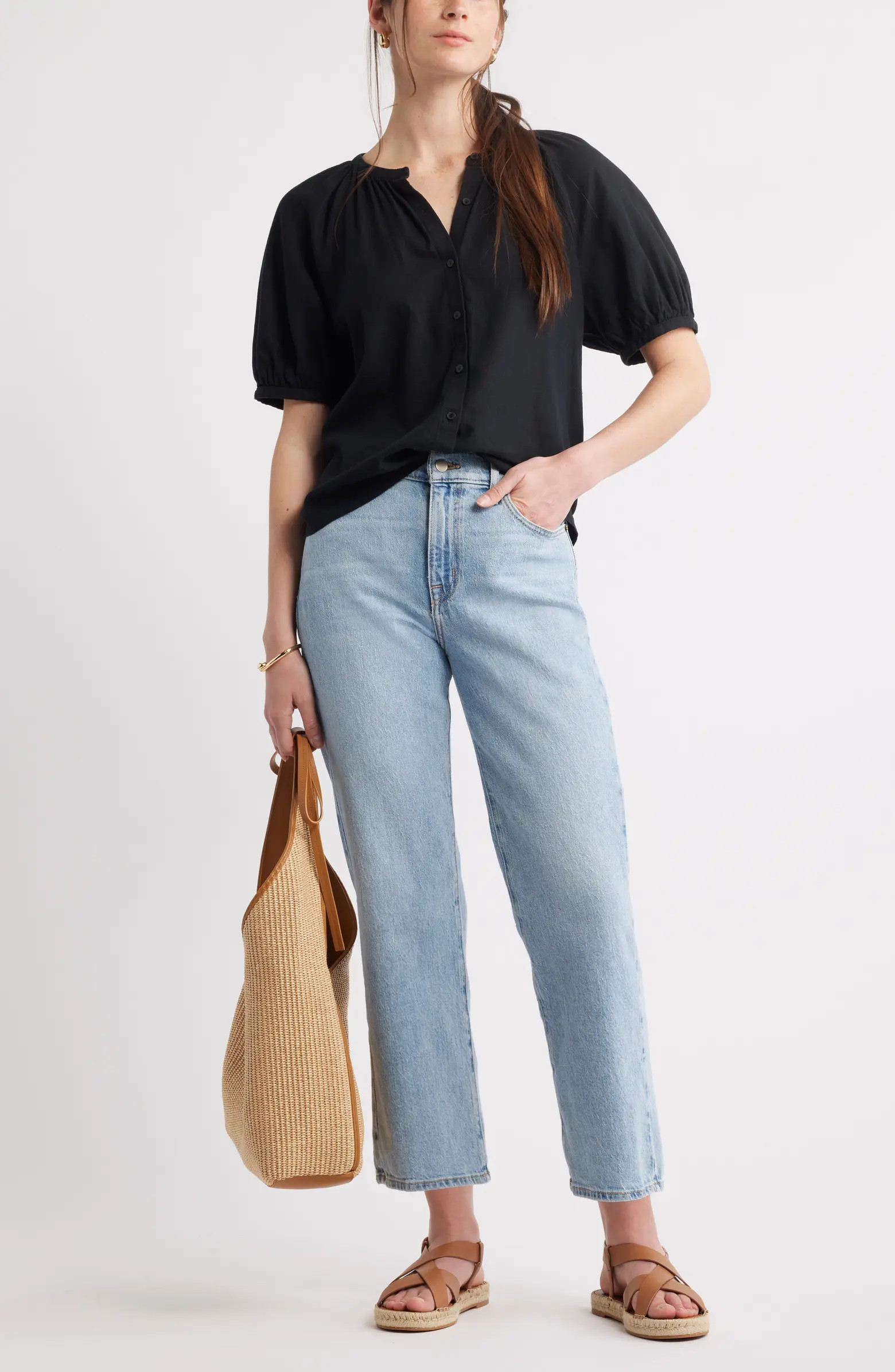 Caslon® Puff Sleeve Linen Blend Button-Up Shirt | Nordstrom | Nordstrom