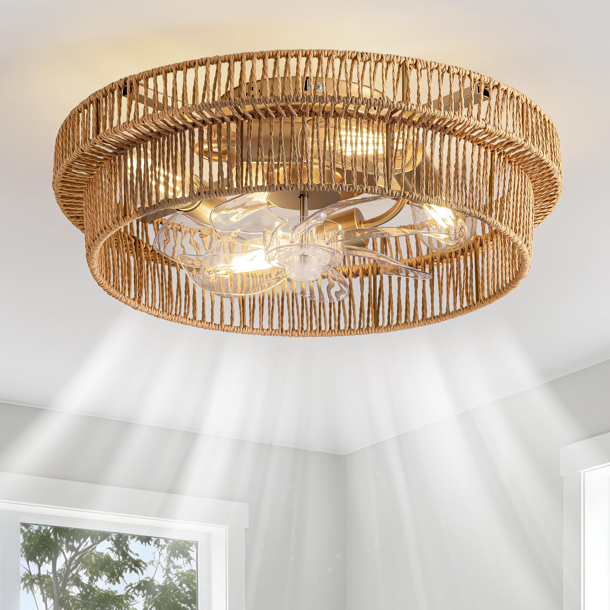 Rattan Boho Ceiling Fan with Light Flush Mount, 20 Inch Caged Ceiling Fans with Light and Remote ... | Amazon (US)
