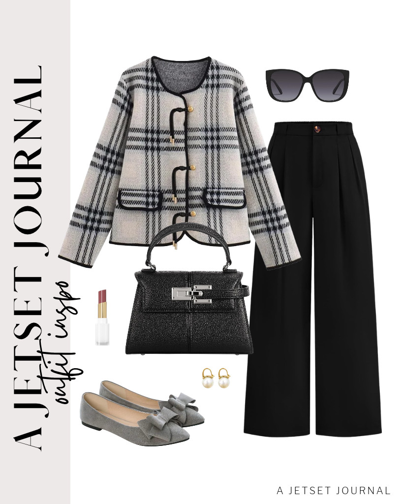 We are loving this plaid sweater blazer and KIRUNDO wide-leg pants combo! Style it with bowknot flats and this stylish top-handle handbag. Complete the look with these dangle earrings from OwMell and QUAY Ever After sunnies. 

 #LTKSeasonal #LTKSaleAlert #LTKTravel
