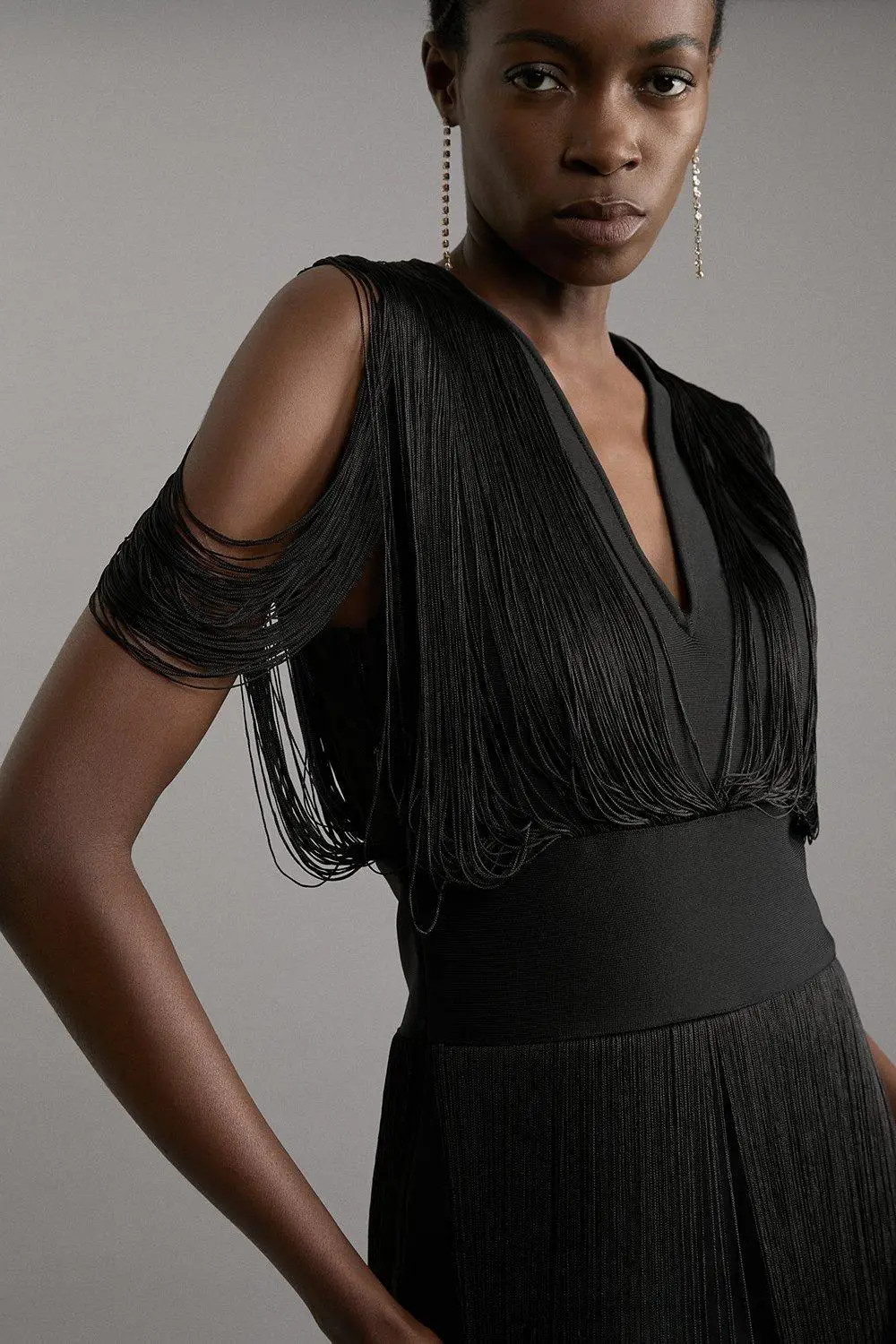 Figure Form Bandage Knit Fringe Detail Dress | Karen Millen UK + IE + DE + NL