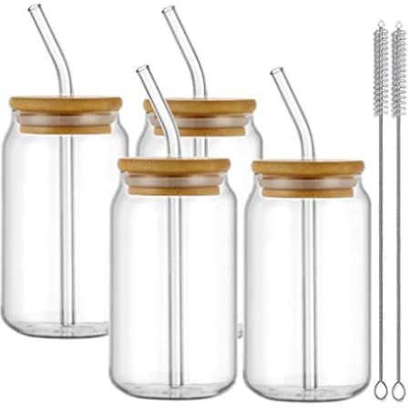 4pcs Set Drinking Glasses With Bamboo Lid And Glass Straw - 16oz Can Shaped Drinking Glass Set, Iced | Amazon (US)