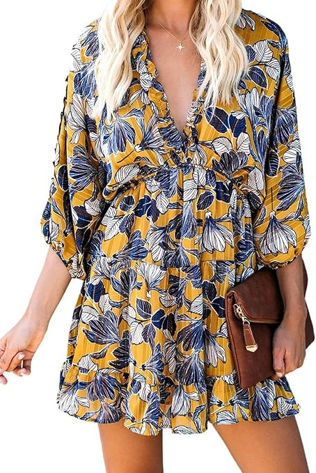 Eytino Women Wedding Guest Dresses Floral Print V Neck Long Sleeve Backless Mini Short Dress(S-XL... | Amazon (US)