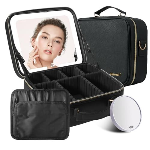 Mocado Travel Makeup Bag with LED Lighted Mirror,Travel Makeup Organizer,Makeup Case with 3 Color Lighted Setting and 10x Magnifying Mirror,Portable Storage and Adjustable Dividers Makeup Box(Black) | Amazon (US)