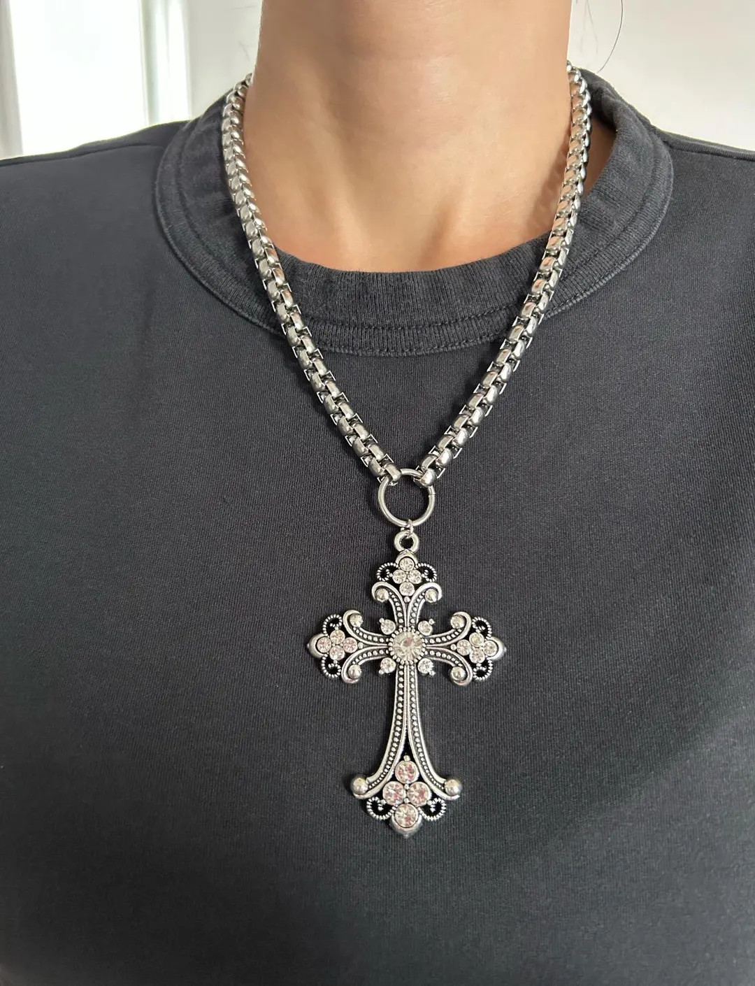 silver extra large cross y2k necklace,gothic rhinestone jewelry,western boho,vintage inspired sta... | Etsy (US)