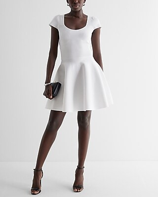 Ribbed Scoop Neck Mini Fit and Flare Sweater Dress | Express