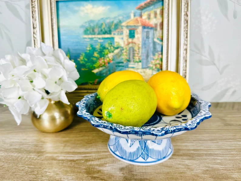 Vintage Blue & White Onion Pattern Pedestal Footed Porcelain Bowl Made in Thailand Chinoiserie Ch... | Etsy (US)