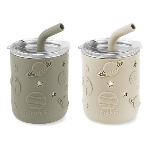 PandaEar 2 Pack Stainless Steel Toddler Cups with Lids & Silicone Sleeves | 8.8 oz Spill Proof Sippy Cups with Straw Stopper & Teething-Friendly Straws for Kids & Babies (Beige & Khaki) | Amazon (US)