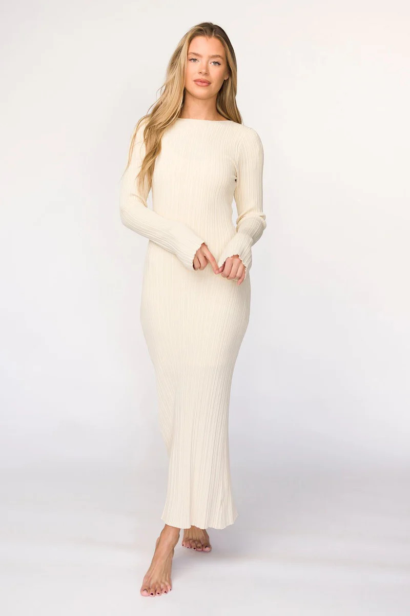 Allie Long Sleeve Ribbed Maxi Dress in Ivory (Lined) | Worth Collective