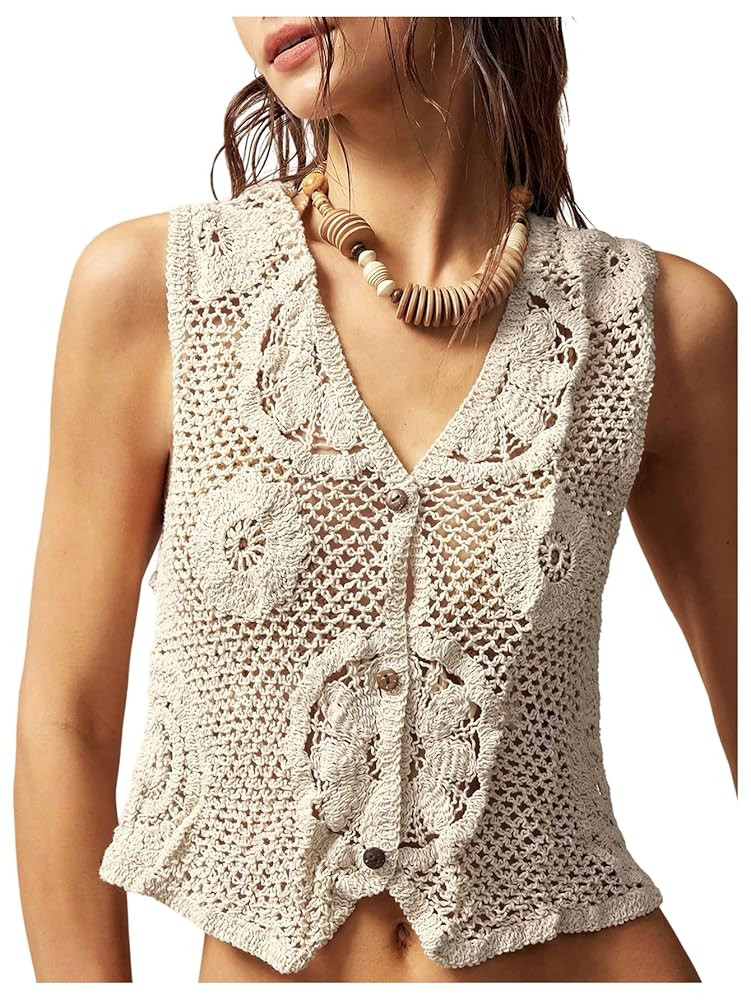 GORGLITTER Women's Embroidered Floral Crochet Vest Button Up Crop Summer Cowgirl Tops Country Con... | Amazon (US)