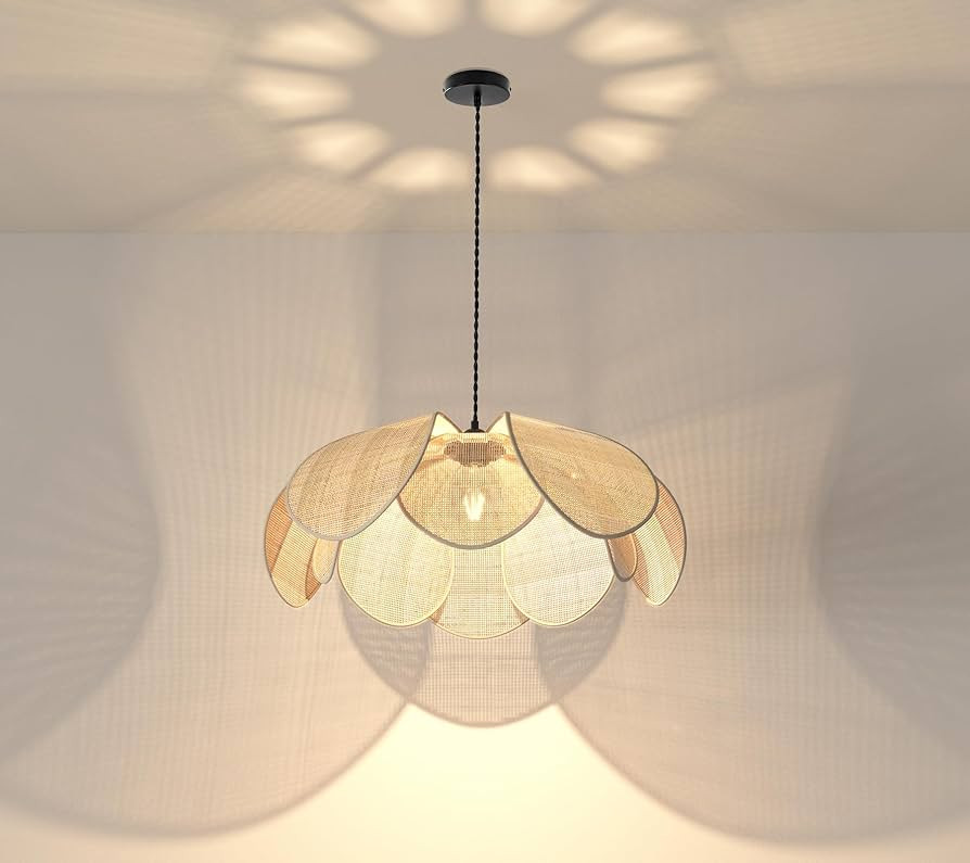 Boho Chandelier, Rustic Hemp Rope Pendant Light Hand-Woven Rattan Cage Basket Hanging Lamp Wicker... | Amazon (US)