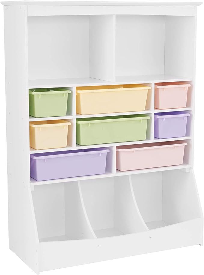 KidKraft Wooden Wall Storage Unit with 8 Plastic Bins & 13 Compartments - White, 53" x 20" x 8" &... | Amazon (US)