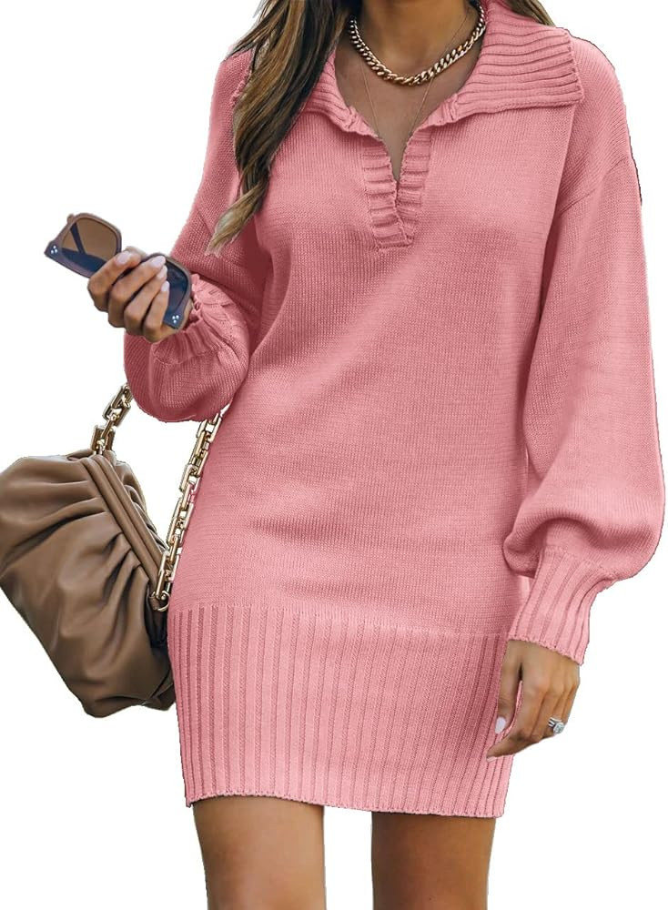BTFBM Women Casual V Neck Knit Mini Fall Sweater Dresses Long Sleeve Loose Fit Solid Color Ribbed... | Amazon (US)