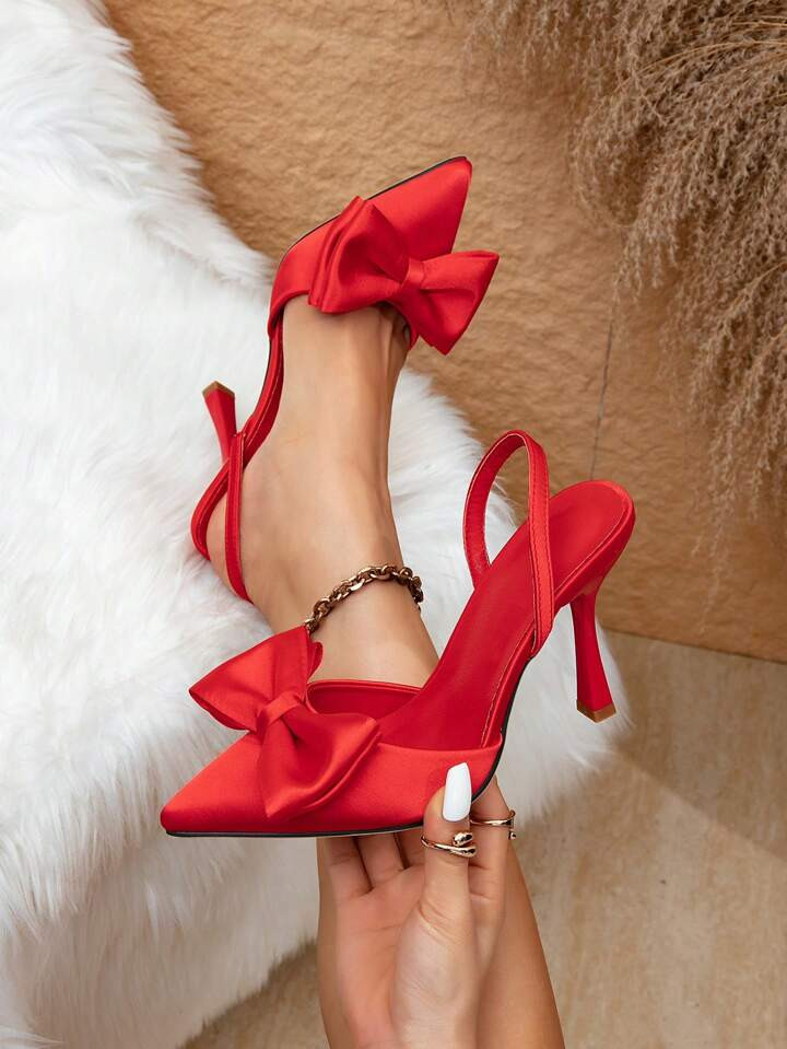 Women's Fashion Party Pointed-Toe Slingback Red Bow High Heel Pumps | SHEIN