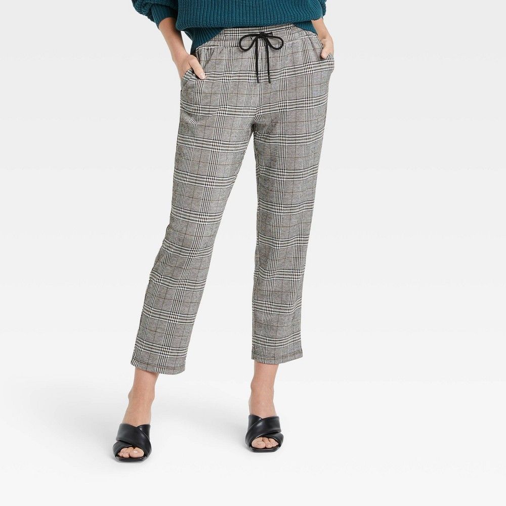 Women's Plaid High-Rise Pull-On Knit Drawstring Ankle Pants - A New Day Gray M | Target