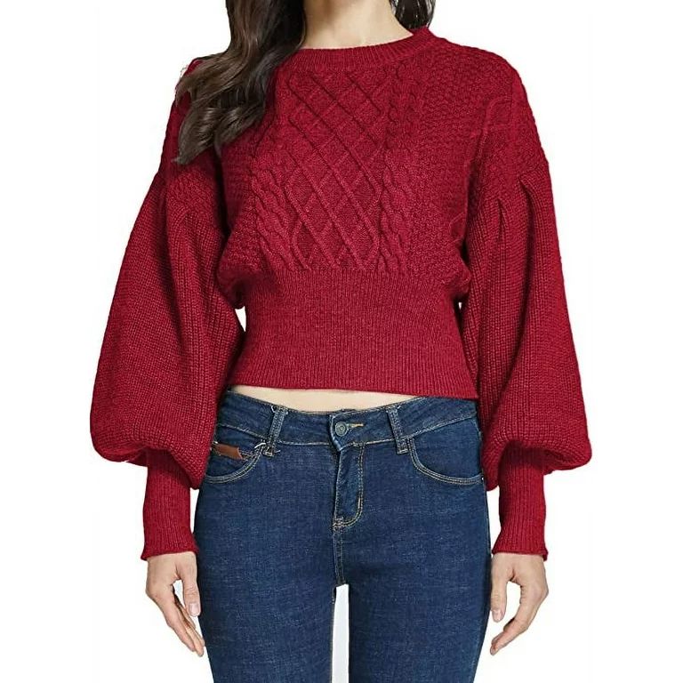 SSLR Womens Sweaters Oversized Crewneck Cropped Sweaters Long Lantern Sleeve Knitted Pullover Swe... | Walmart (US)