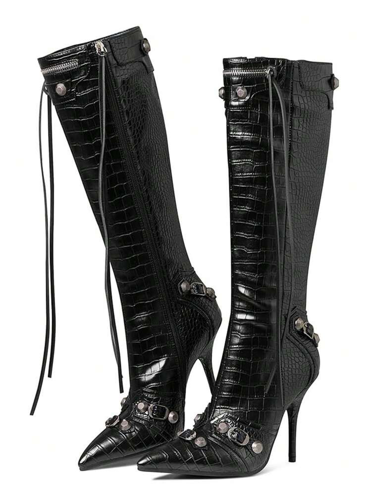 Metallic Silver Women Knee High Boots Stiletto High Heels Tassels Rivit Fashion Design Brand Motorcycle Shoes | SHEIN