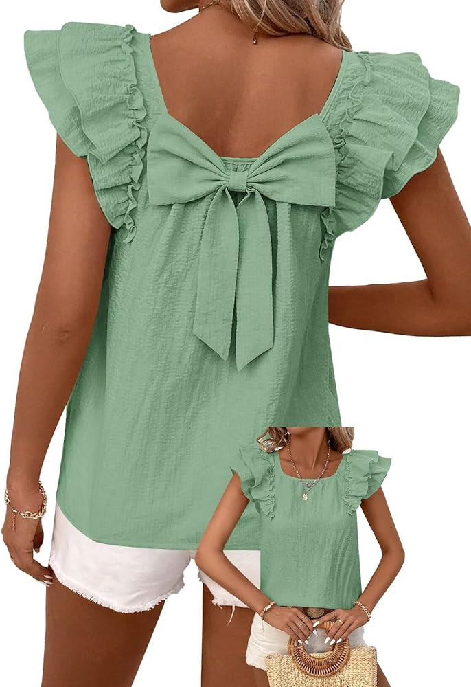 Falechay Womens Bow Tie Back Tops Round Neck Ruffle Short Sleeve Shirts Cute Babydoll Chiffon Tee... | Amazon (US)